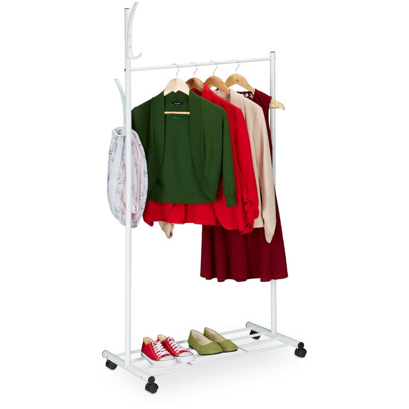 foto del prodotto appendiabiti con rotelle, hxlxp 165 x 80 x 44 cm, metallo, stand con ripiano, portascarpe, bianco relaxdays