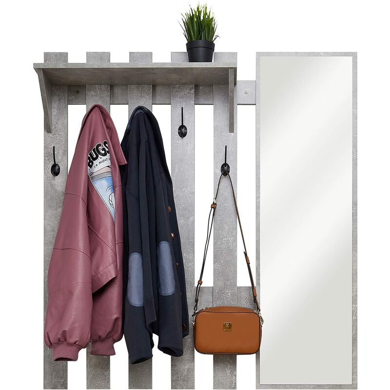 foto del prodotto appendiabiti da parete, appendiabiti con specchio e 5 ganci, stile industriale a parete per ingresso corridoio camera da letto, l100 x p22 x h106 cm