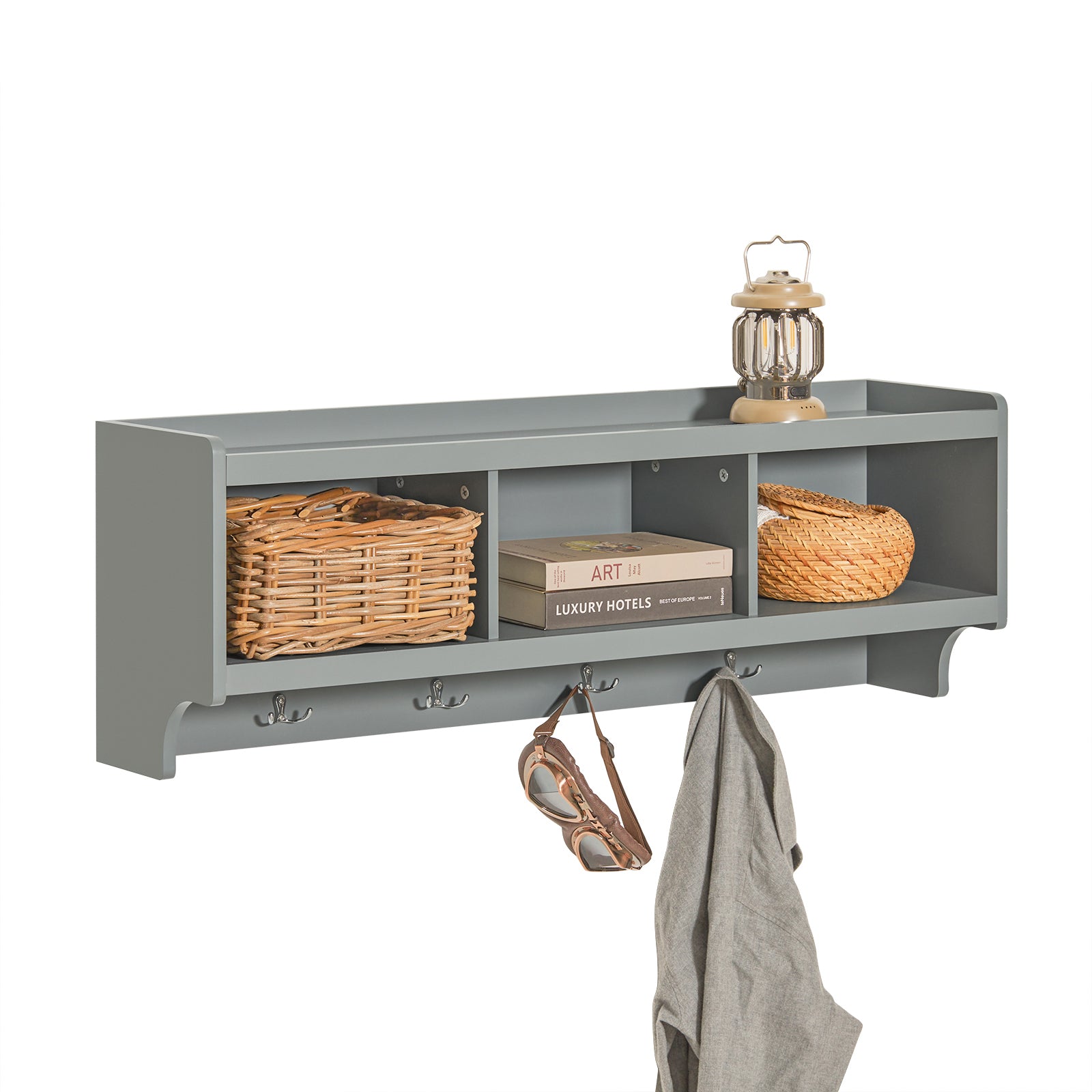 foto del prodotto appendiabiti da parete appendiabiti da ingresso mensola pensile con 3 cesti e 4 ganci, grigio chiaro 100x25x35cm fhk28 hg sobuy