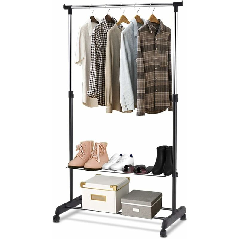 foto del prodotto appendiabiti da terra multiuso, stand appendiabiti in acciaio, porta abiti con ruote, attaccapanni estensibile, 84 x 42 x 92 168 cm, nero costway