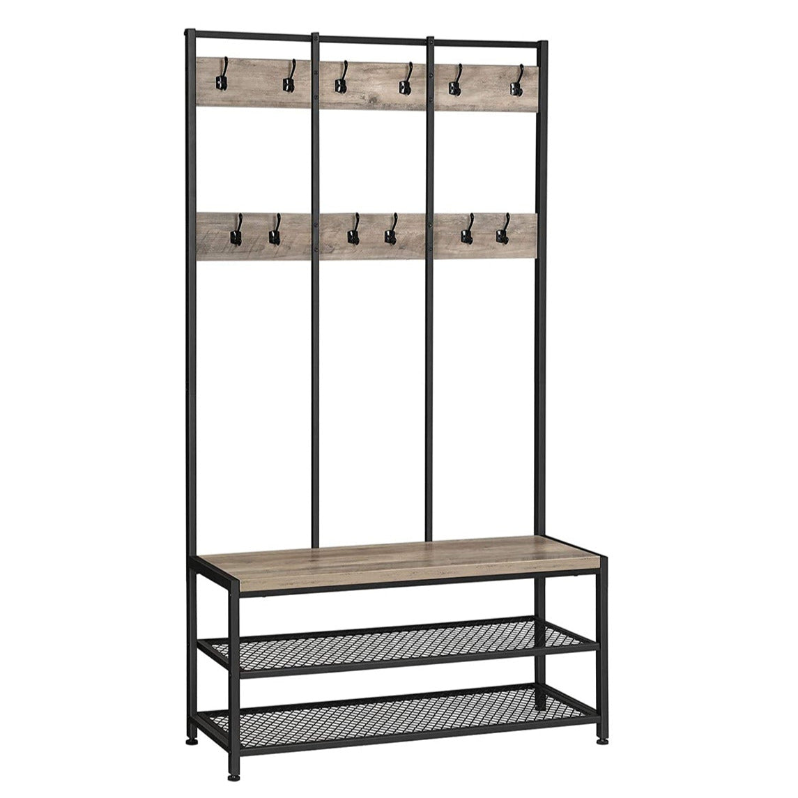foto del prodotto appendiabiti grande mobile da ingresso con 12 ganci e scarpiera mensola guardaroba in stile industriale per ufficio camera da letto struttura in acciaio 184 cm greige e nero 12 0002671