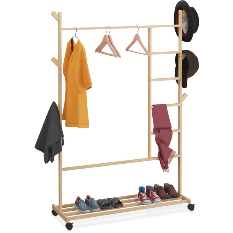 foto del prodotto appendiabiti in bamb , ripiano per scarpe, 6 ganci e ruote, 154x114x33 cm, guardaroba appendi abiti, naturale relaxdays