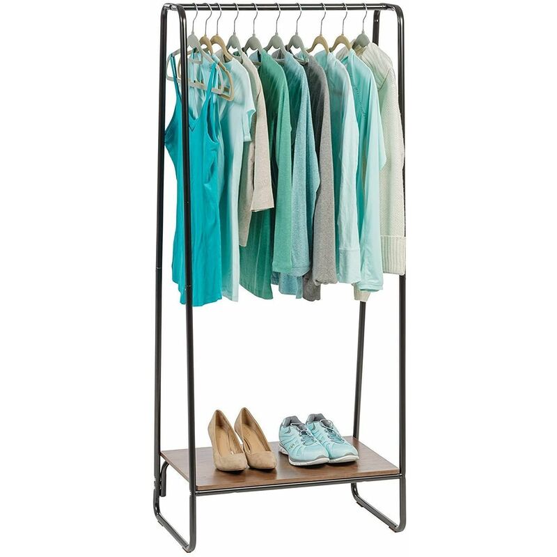 foto del prodotto appendiabiti in metallo con ripiano in legno, 1 livello, nero, design moderno, solido, anti scivolo, per camera, studio, armadio, abbigliamento e