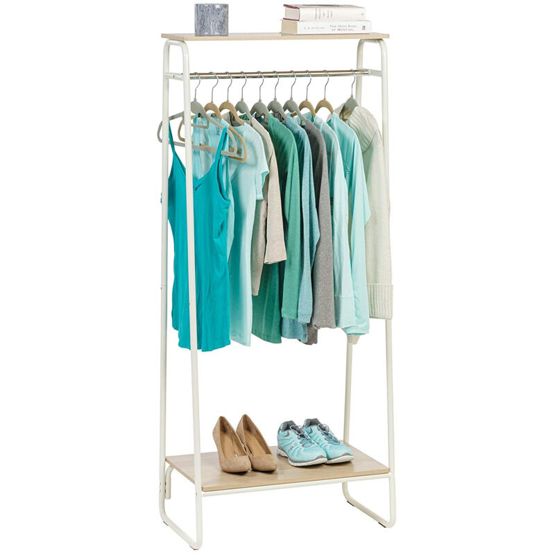 foto del prodotto appendiabiti in metallo con ripiano in legno, 2 livelli, bianco, design moderno, solido, anti scivolo, per camera, studio, armadio, abbigliamento e