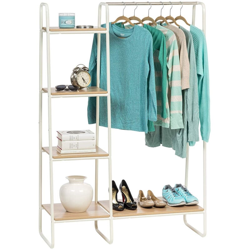 foto del prodotto appendiabiti in metallo con ripiano in legno, 4 livelli, bianco, design moderno, solido, anti scivolo, per camera, studio, armadio, abbigliamento e