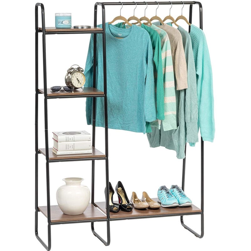 foto del prodotto appendiabiti in metallo con ripiano in legno, 4 livelli, nero, design moderno, solido, anti scivolo, per camera, studio, armadio, abbigliamento e