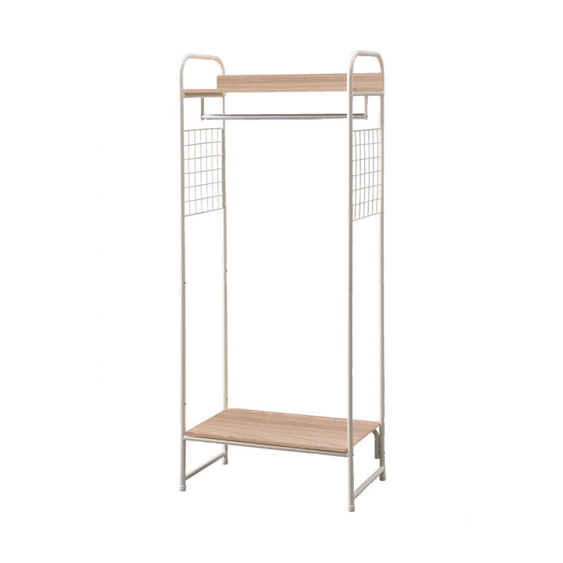foto del prodotto appendiabiti in metallo con ripiano in legno, upright, bianco, design moderno, solido, anti scivolo, per camera, studio, armadio, abbigliamento e