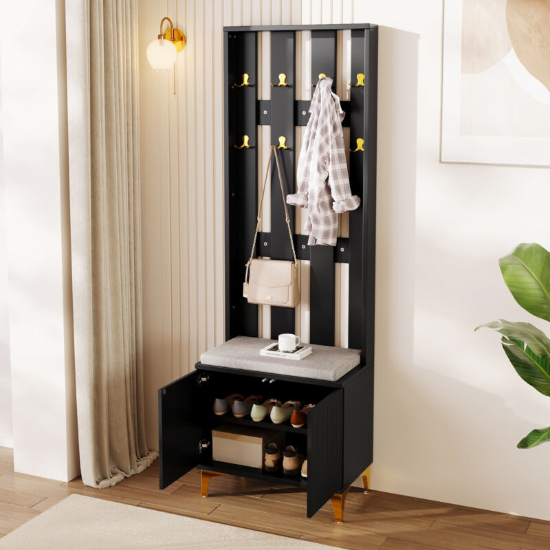foto del prodotto appendiabiti ingresso 60,5x35,2x180,5 cm con 2 ante e 8 ganci, con panca porta scarpe, pannello truciolare, nero