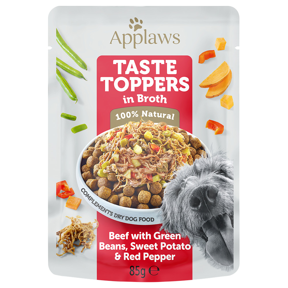 foto del prodotto applaws taste toppers in brodo 12 x 85 g per cani manzo, fagiolini, pepe e patate dolci