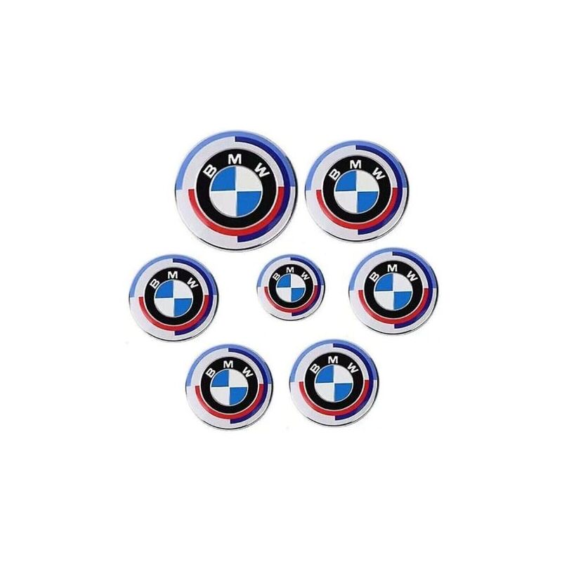 foto del prodotto applicabile al logo della vettura bmw in 7 pezzi, logo anteriore e posteriore esclusivo limitato al 50 anniversario