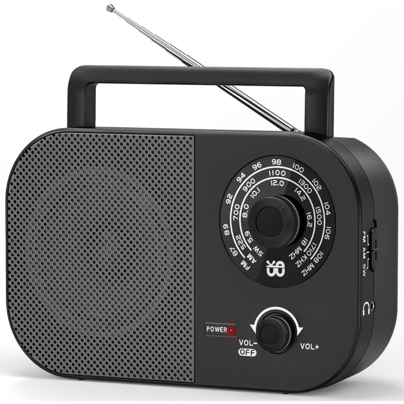 foto del prodotto applicabile applicabile am, fm, sw, fm radio portatile, alimentata a rete e a batteria per la ricezione, altoparlante incorporato e jack per cuffie