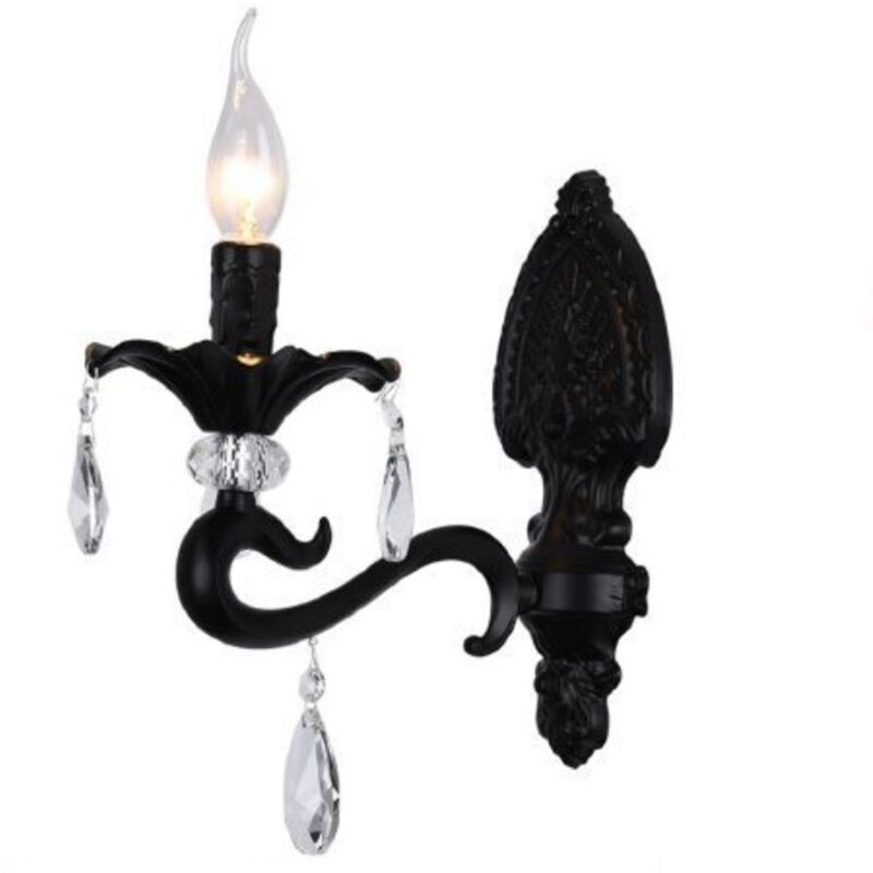 foto del prodotto applique a candelabro classico vintage attacco e14 nero bianco con cristalli pendenti lampada da parete nero