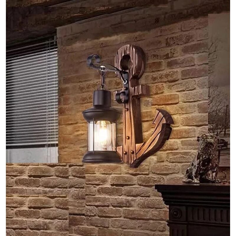 foto del prodotto applique ancora in legno lanterna country lampada industriale vintage retro e54