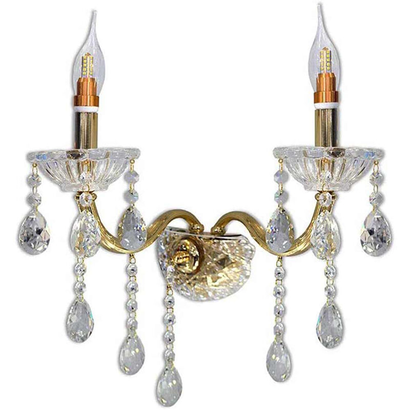 foto del prodotto applique candelabro lampada da parete con gocce pendenti di cristallo in acrilico 2 bracci attacco e14 stile retr illuminazione lampadario casa oro