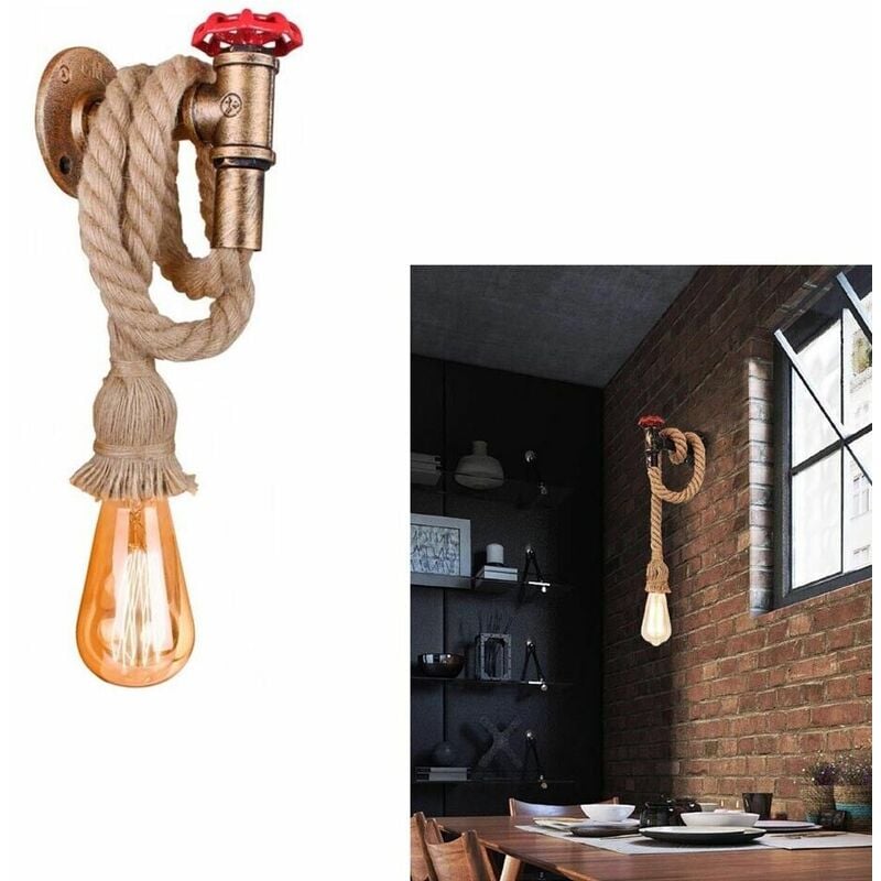 foto del prodotto applique da parete a forma di rubinetto corda in canapa e27 stile retrò vintage