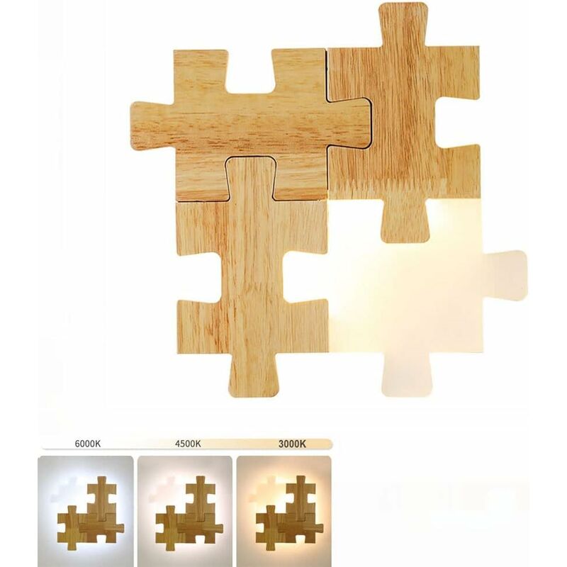 foto del prodotto applique da parete a led da 12w camera dei bambini decorazione puzzle fai da te applique da parete in legno 3 colori lampada da comodino dimmerabile