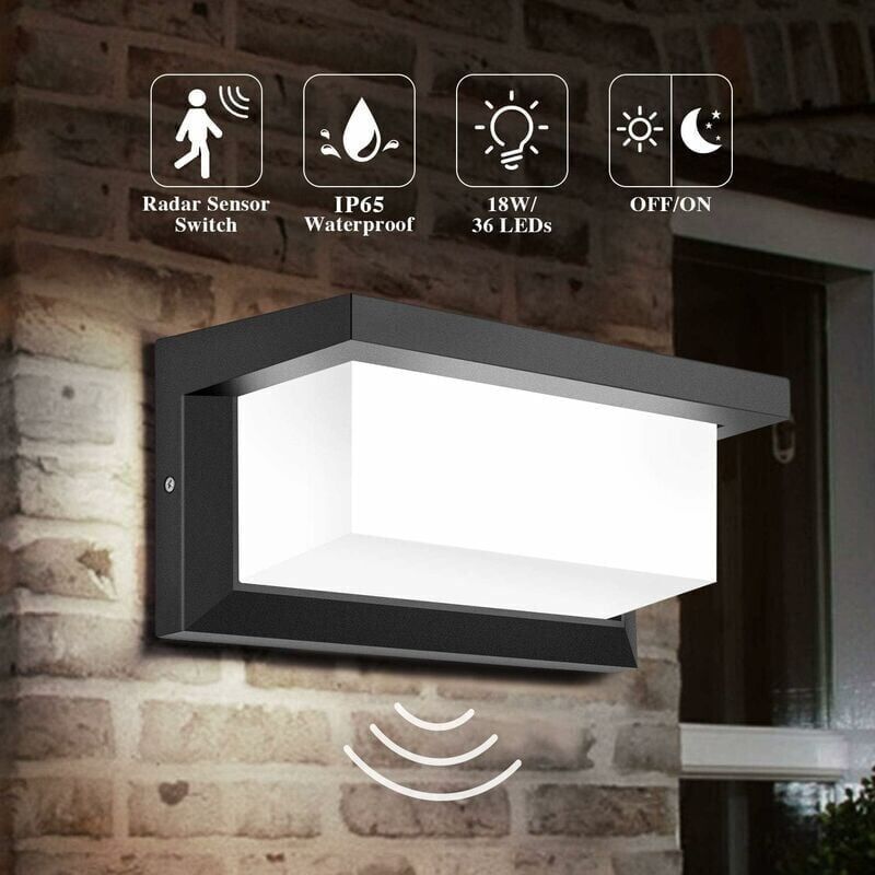 foto del prodotto applique da parete a led per esterni con sensore di movimento, illuminazione da esterno da 18 w, ip65, impermeabile, quadrata, con controllo a