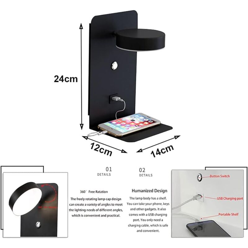 foto del prodotto applique da parete a led per interni con connessione usb moderna lampada da parete dimmerabile tricolore da 12 w con interruttore lampada da lettura