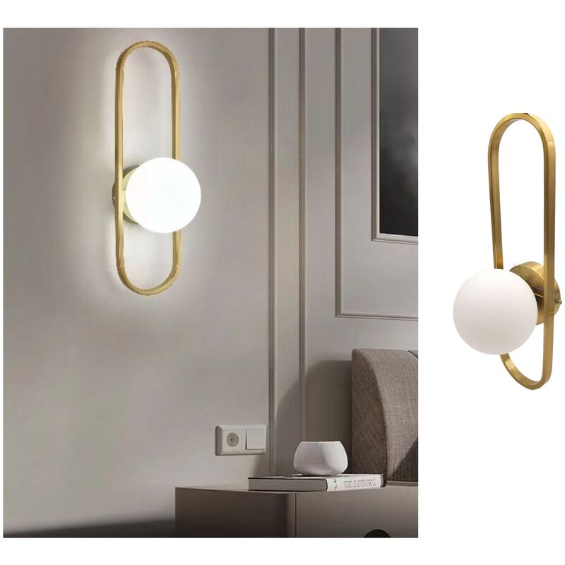 foto del prodotto applique da parete con sfera in vetro bianco ovale metallo oro attacco g9 lampada design moderno minimal