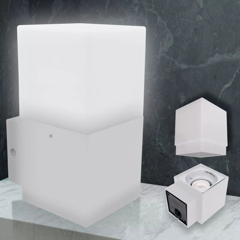 foto del prodotto applique da parete esterna 12w, ip44, design moderno, corpo in acciaio verniciato, disponibile in bianco o nero, con lampadina e27, resistente alla