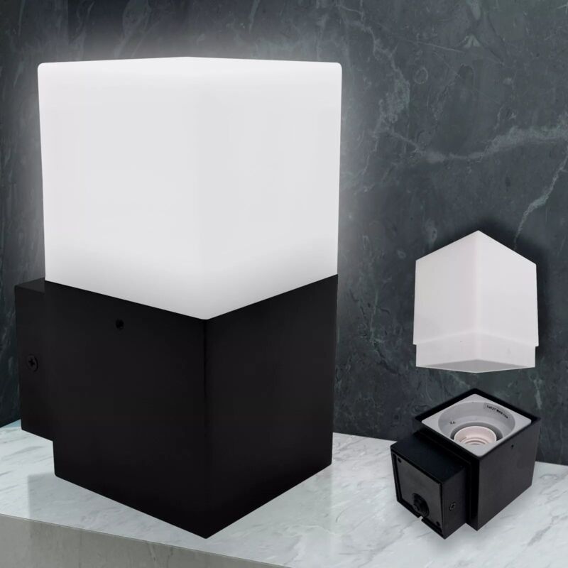 foto del prodotto applique da parete esterna 12w, ip44, design moderno, corpo in acciaio verniciato, disponibile in bianco o nero, con lampadina e27, resistente alla