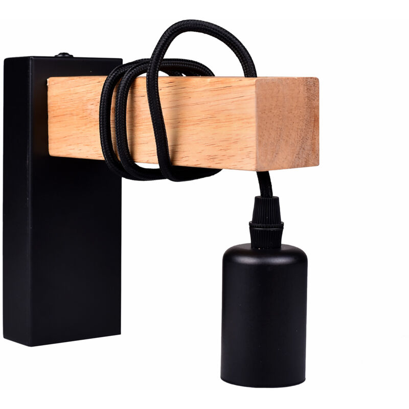 foto del prodotto applique da parete in metallo nero con attacco e27 - design industriale con corpo in legno ideale per illuminazione interna