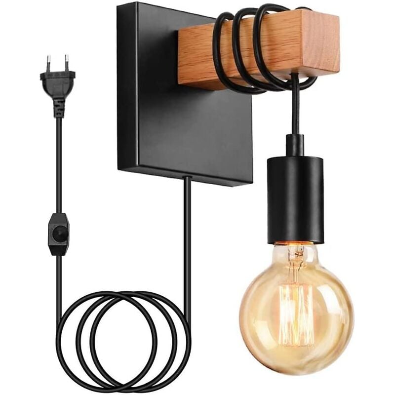 foto del prodotto applique da parete industriale in legno con interruttore retro presa interna e27 faretto da parete con interruttore senza lampadina 