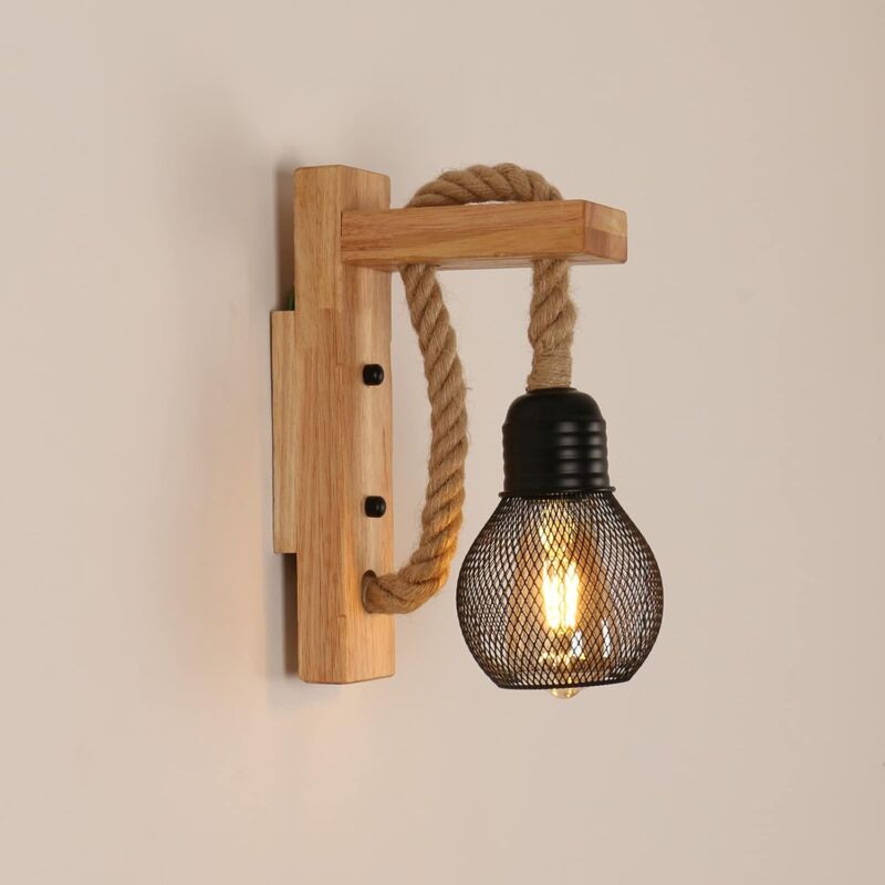 foto del prodotto applique da parete industriale vintage, lampada da parete rustica retr in legno, paralume in gabbia di metallo nero, lampada da parete in corda di