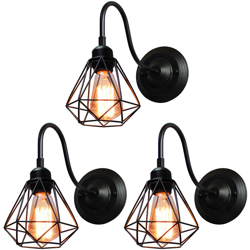 foto del prodotto applique da parete interno, illuminazione con 16cm gabbia di diamanti, in industriale stile, per soggiorno cucina camera da letto loft nero 3 pezzi