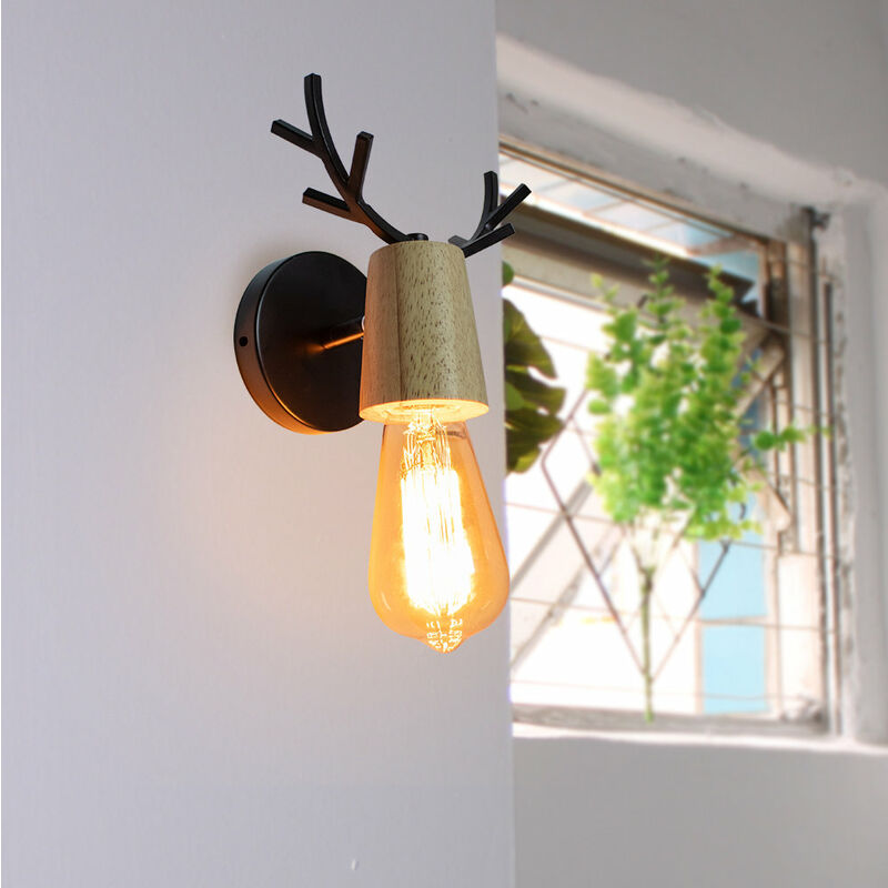 foto del prodotto applique da parete interno, moderna lampada da parete in legno e metallo, creativo applique candelabro cervo per bambini camera da letto cucina