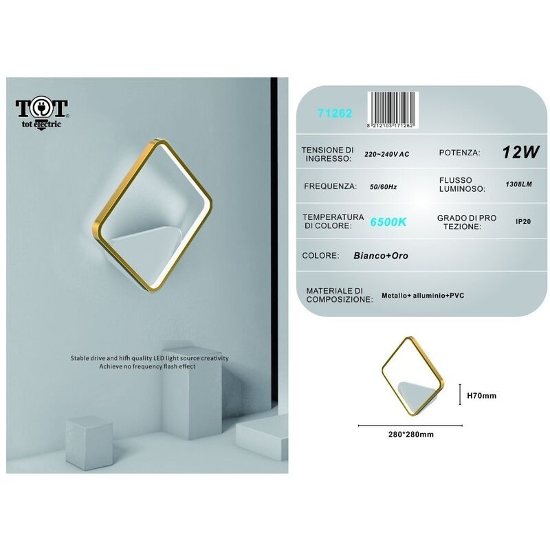 foto del prodotto applique da parete led 12w quadrato oro lampada design moderno minimal luce per camera soggiorno bagno bianco freddo