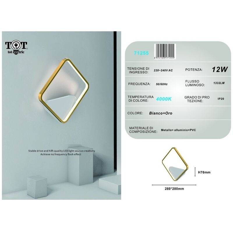 foto del prodotto applique da parete led 12w quadrato oro lampada design moderno minimal luce per camera soggiorno bagno naturale
