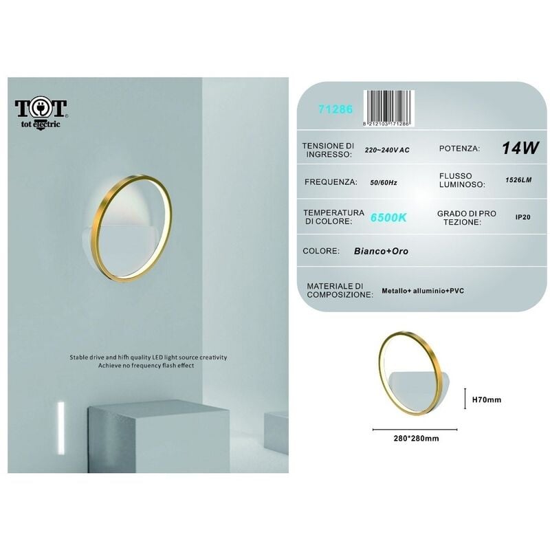 foto del prodotto applique da parete led 14w cerchio oro lampada tonda design moderno luce per camera soggiorno bagno bianco freddo