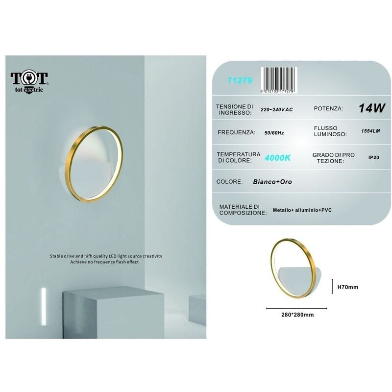 foto del prodotto applique da parete led 14w cerchio oro lampada tonda design moderno luce per camera soggiorno bagno naturale