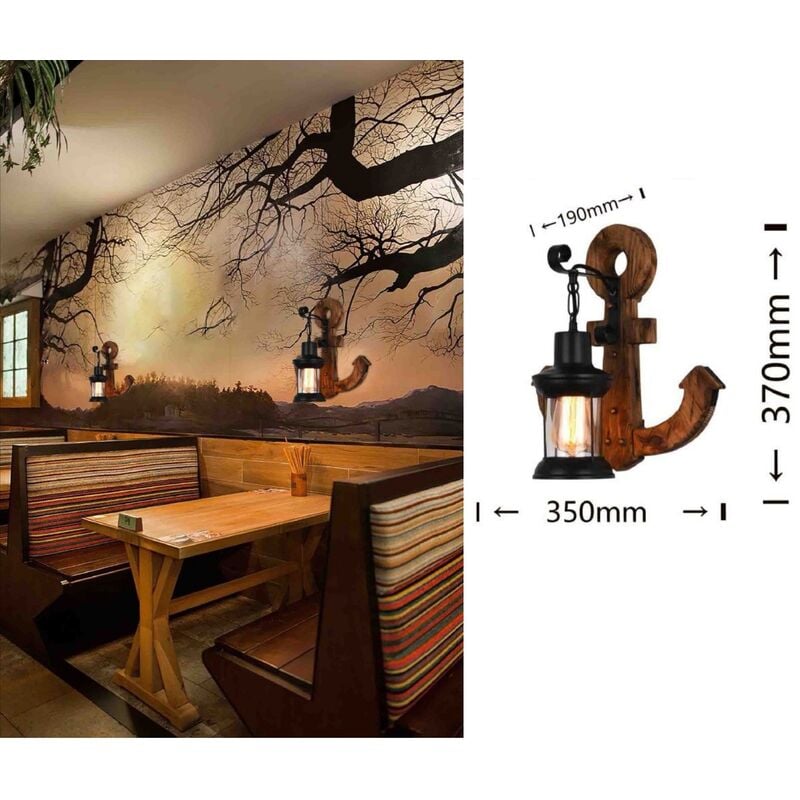 foto del prodotto applique da parete luce led e27 lanterna ancora nero in metallo legno design vintage lampada muro rustico