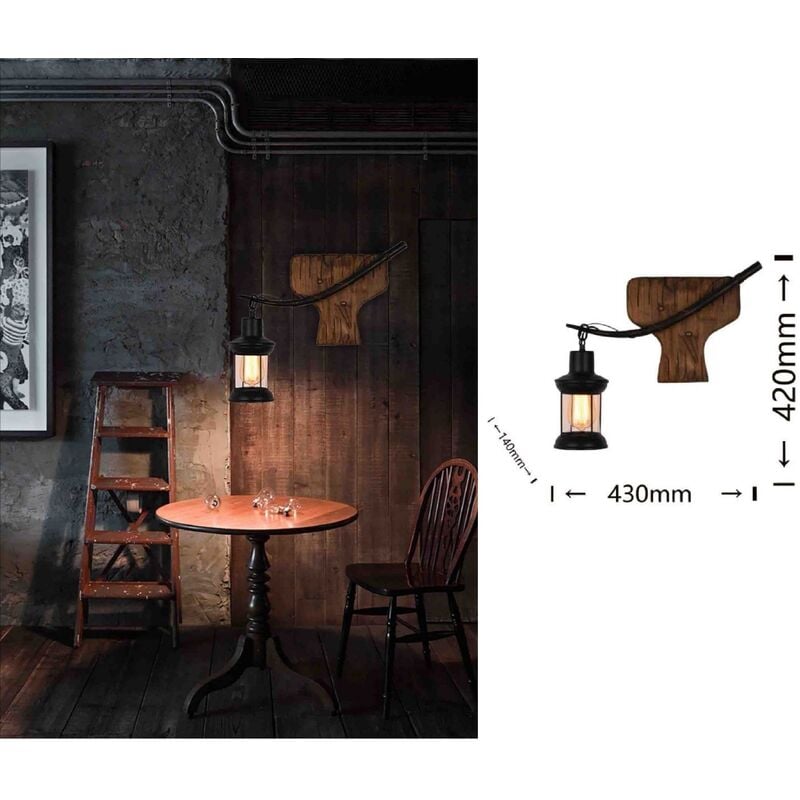 foto del prodotto applique da parete luce led e27 lanterna nero in metallo legno design vintage lampada muro rustico
