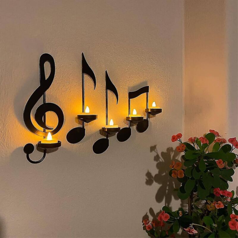 foto del prodotto applique da parete nera con nota musicale, portacandele a forma di chiave sinistra, decorazione da parete, candeliere vintage, 4 pezzi bebusingoto