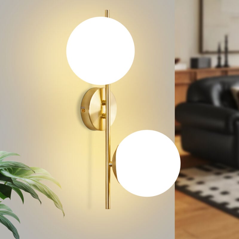foto del prodotto applique da parete per interni a 2 luci, paralume in vetro, oro, illuminazione moderna, lampada da corridoio e scale, illuminazione da parete