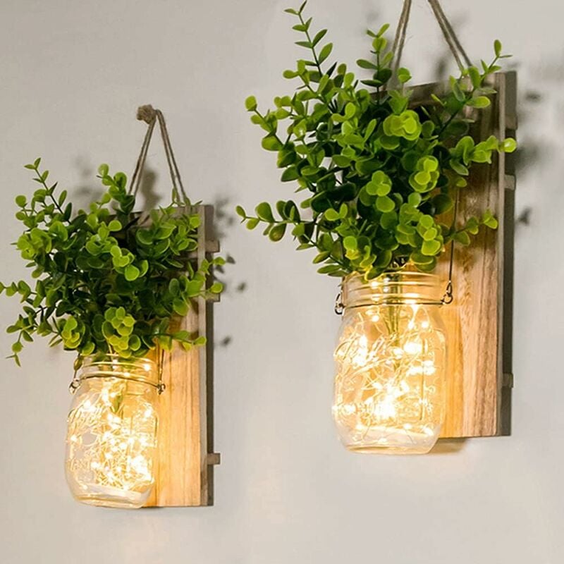 foto del prodotto applique da parete rustiche, piante verdi finte appese applique da parete in barattolo di vetro con strisce led funzionanti per la decorazione