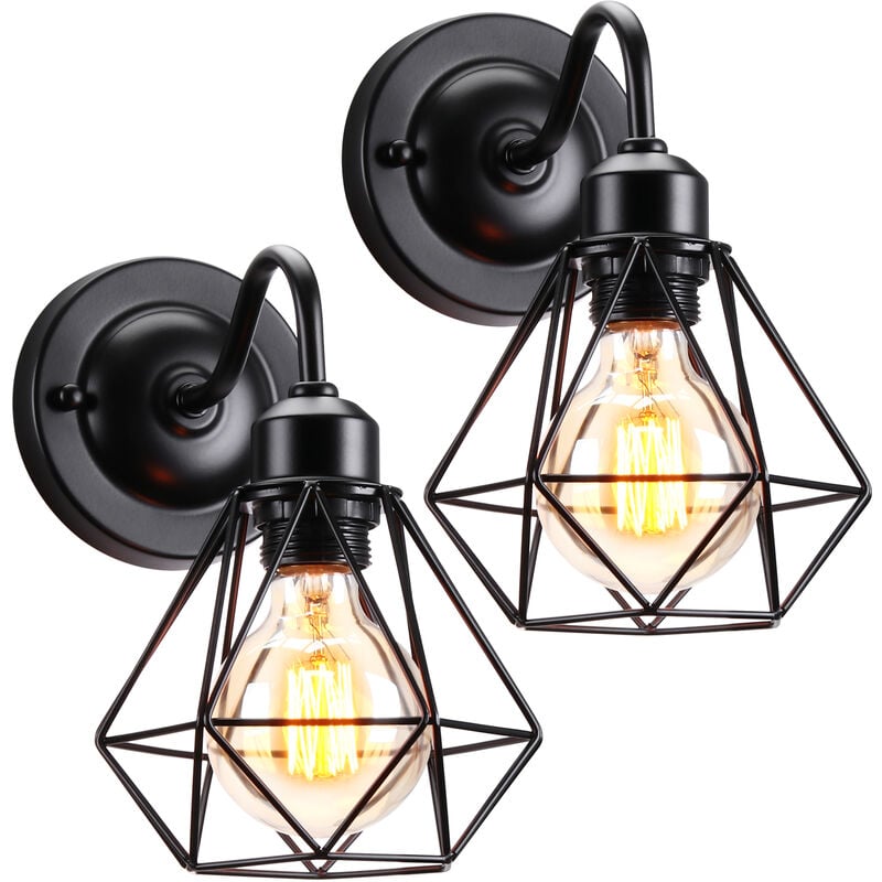 foto del prodotto applique da parete, vintage illuminazione con 16cm gabbia di diamanti, e27 luce interno per soggiorno cucina camera da letto loft 2x nero 