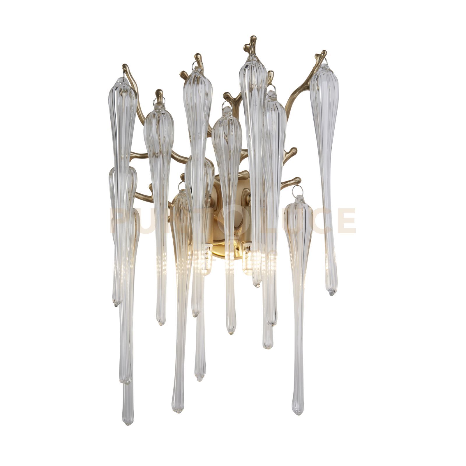 foto del prodotto applique heritage 2lt, metallo dorato e gocce di vetro trasparente