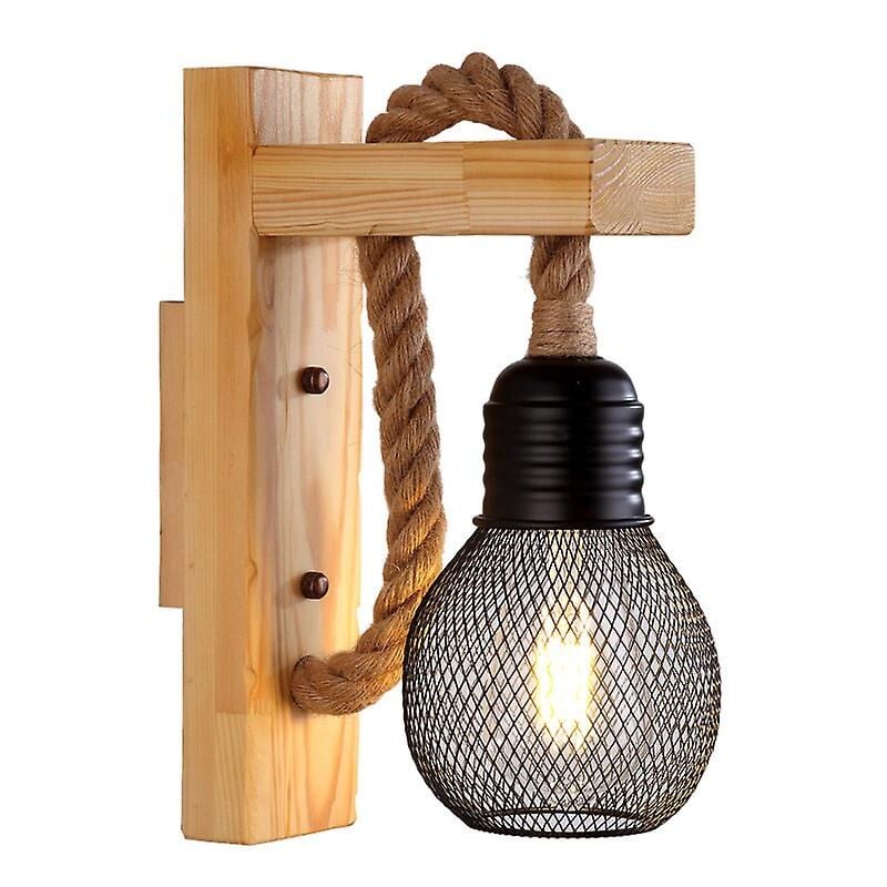 foto del prodotto applique industriale a led in corda di canapa lampada in legno, base e27 nera