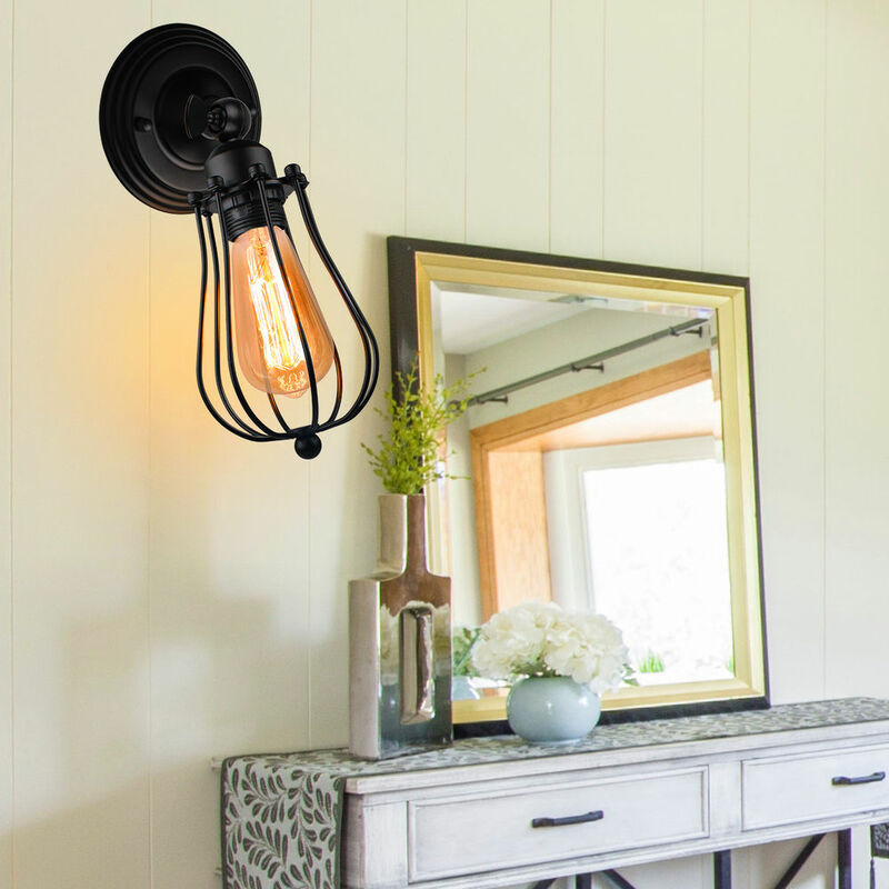 foto del prodotto applique interno, vintage industriale stile lampada da parete in ferro, applique illuminazione con gabbia supporto edison e27 per camera da letto