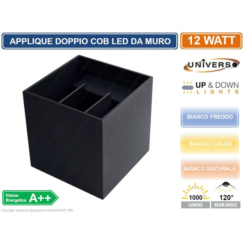 foto del prodotto applique lampada a muro nera doppio led cob 12w fascio regolabile da esterno colore luce bianco caldo