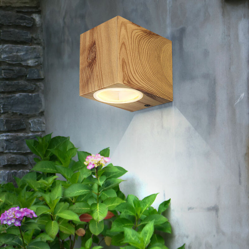 foto del prodotto applique lampada da esterno alluminio effetto legno giardino balcone lampada da esterno parete down vetro, 1x gu10, lxa 6,8x8 cm