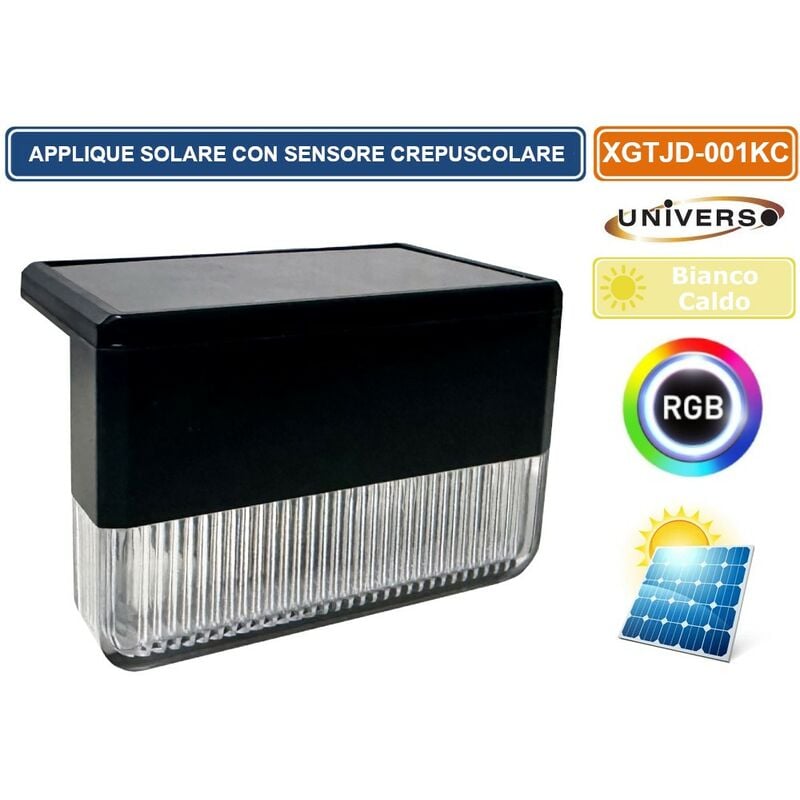 foto del prodotto applique lampada led da esterno con pannello solare e crepuscolare colore luce 3000k rgb