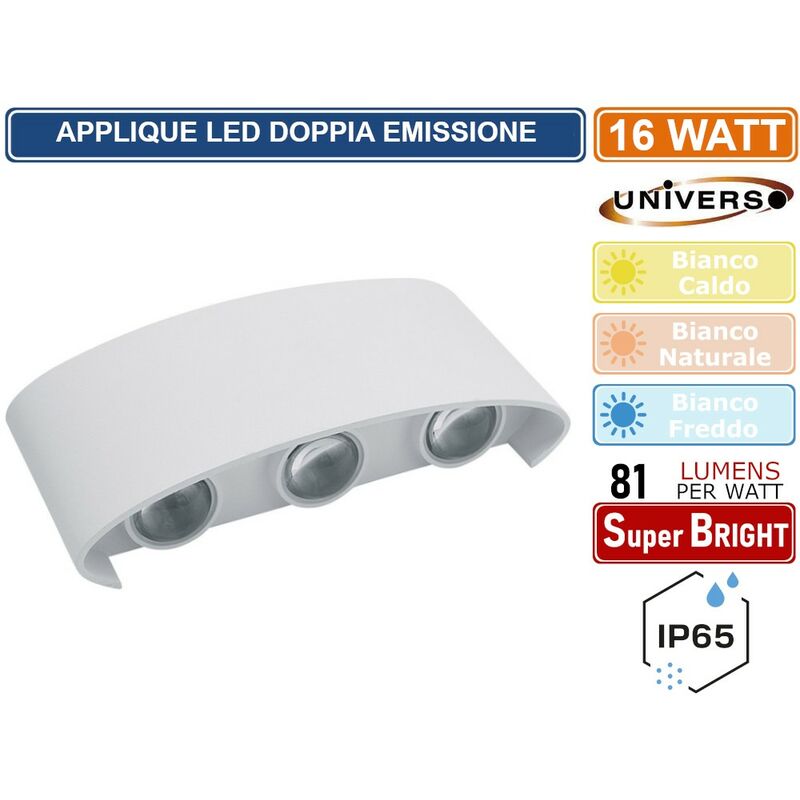 foto del prodotto applique lampada led da muro doppia emissione luminosa 10w wall light bianca con 6 led smd ip65 colore luce bianco freddo