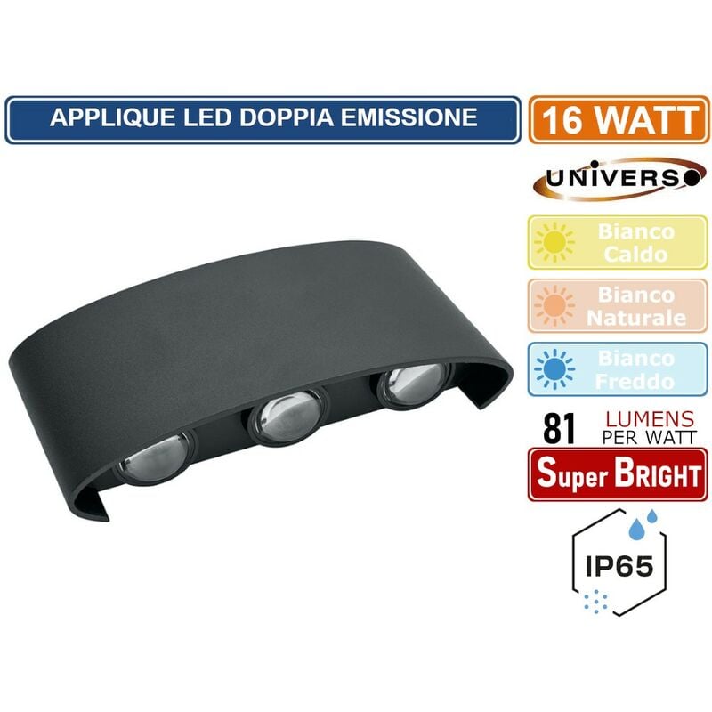 foto del prodotto applique lampada led da muro doppia emissione luminosa 10w wall light nera con 6 led smd ip65 colore luce bianco freddo