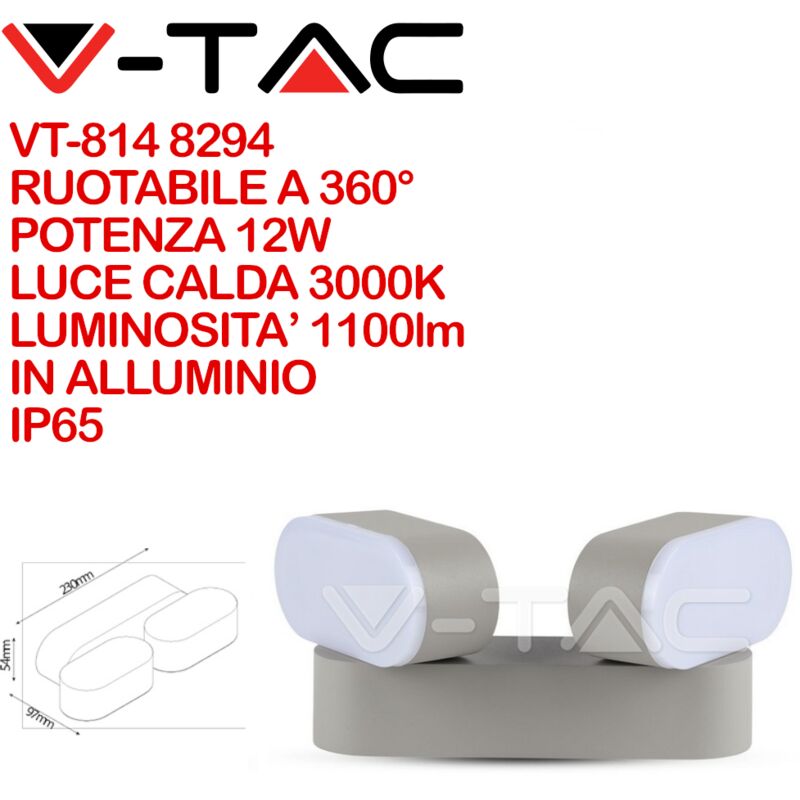 foto del prodotto applique lampada led da muro ovale 12w 3000k carcassa grigia con doppia testa ruotabile ip65 sku 8294