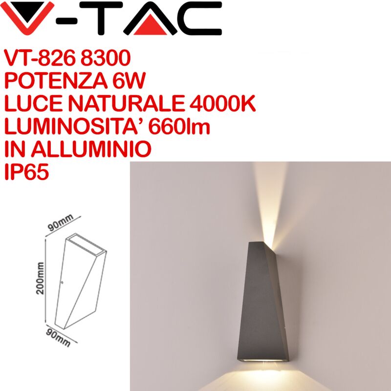 foto del prodotto applique lampada led da muro piramide 6w 4000k carcassa grigia doppio fascio luminoso up down ip65 sku 8300